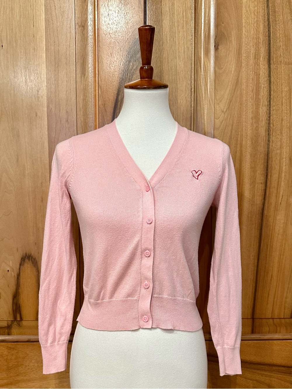 PopSugar Pastel Pink Cardigan, Embroidered Heart Accent, EUC, XS